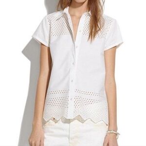 Madewell Button Down Cotton Shirt Eyelet Scalloped Hem Short Sleeve White XS